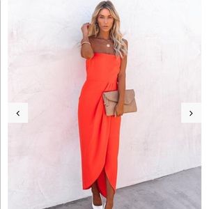 Aglow Strapless Draped Midi Dress- Orange- Medium